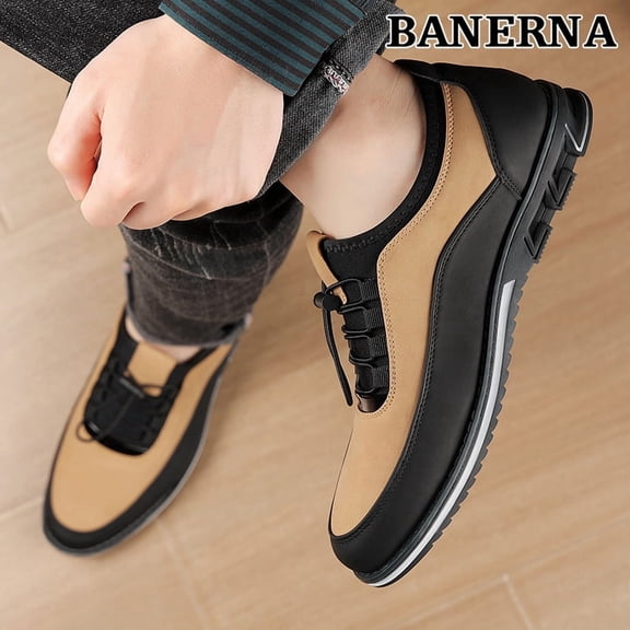 Men'S Plus Size Genuine Faux Leather Business Casual Shoes - Slip-Resistant Rubber Sole, Elastic Slip-On Closure, Low-Top Round Toe Design, All-Season Comfort for Office, Travel & Outdoor - Black