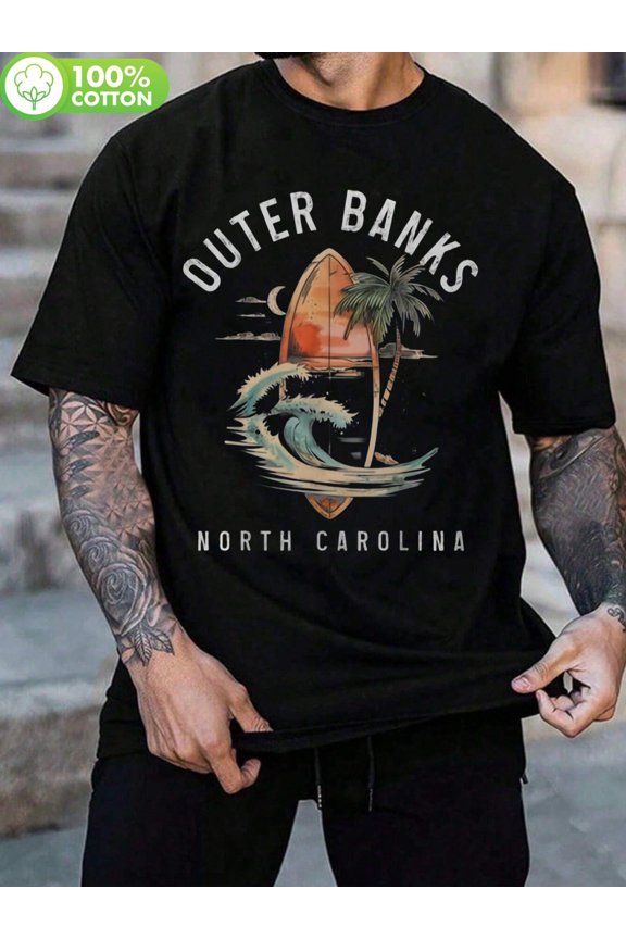 Men'S Plus Size "Outer Banks" Surf T-Shirt - Retro Surfer Graphic with Wave & Palm Tree Design, 100% Cotton, Soft & Breathable, Machine Washable, Ideal for Beach & Casual Wear, Beach Casual Wear