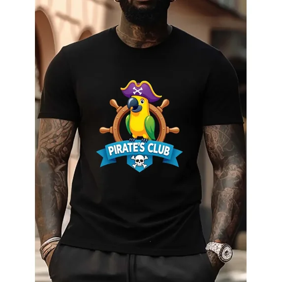 Men'S Plus Size Pirate Parrot Graphic T-Shirt - Black Casual Summer Tee with Short Sleeves, Round Neck, and Fun Geometric Design, Pirate Accessories