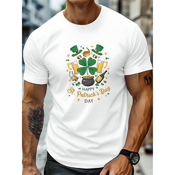 Men'S Plus Size St. Patrick'S Day T-Shirt | Pure Crew Neck Short Sleeve Tee with Geometric Clover Print, Slight Stretch Knit, Regular Fit for Daily Wear