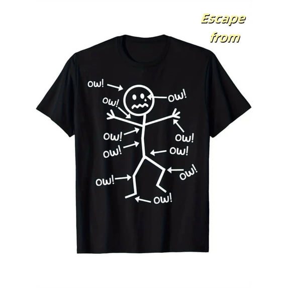 Men'S Plus Size Vintage Black T-Shirt | Black 'Ouch Stick Figure' Print, Casual Crewneck, Soft & Comfortable, Perfect for Outdoor Activities, Travel, and Fitness, All-season, Regular Fit