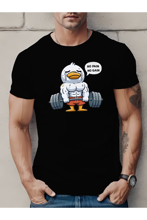 Men'S Polyester Crew Neck T-Shirt with Geometric Duck Lifting Weights Print - Casual Short Sleeve Knit Top with Slight Stretch for Daily & Weekend Wear