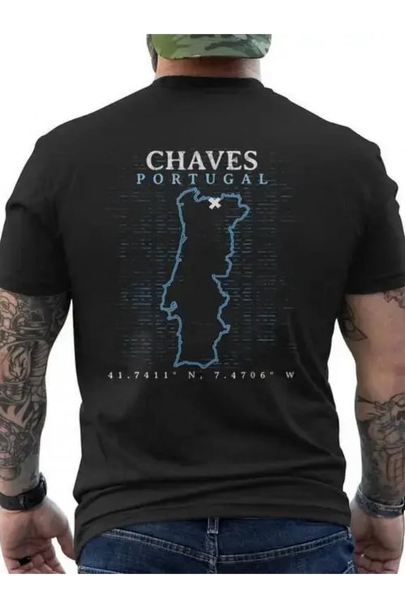 Men'S Portugal Chaves Graphic T-Shirt - Back Printed Portugal Map with Coordinates (41.7411° N, 7.4706° W) - Lightweight Breathable Cotton Tee - Loose Fit Travel Shirt for Portuguese Heritage,