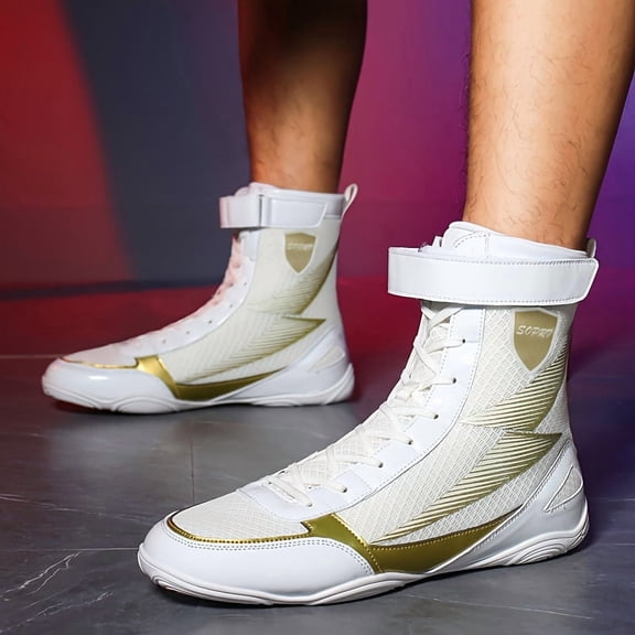 Men'S Professional Boxing Training Shoes, Wrestling Sneakers, Sports Outdoor Shoes, High-Top Lace-Up Design, Breathable Mesh Upper, Non-Slip Rubber Sole, White/ Golden Printing, Suitable for Boxing