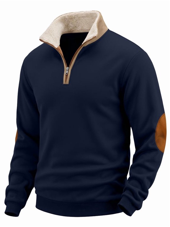 Men'S Quarter Zip Fleece Collar Elbow Patch Long Sleeve Pullover Top Navy Blue XL