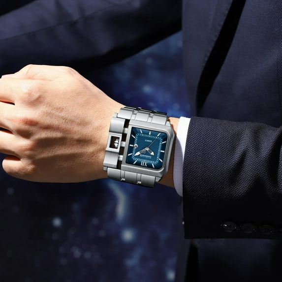 Men'S Quartz Watch With Square Large Dial All Metal Band Silvery And InterGolden Case Green And Blue Face. Fashionable Atmosphere. precise timekeeping accurate watch Japanese quartz movement.