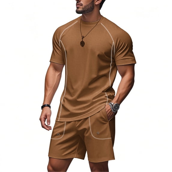 Men'S Quick Dry Breathable Athletic Tracksuits Short Sleeve T Shirt And Shorts Set For Summer Running Workout And Gym Training,Brown,L