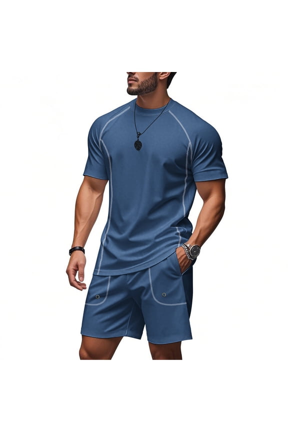 Men'S Quick Dry Breathable Athletic Tracksuits Short Sleeve T Shirt And Shorts Set For Summer Running Workout And Gym Training,Navy,S