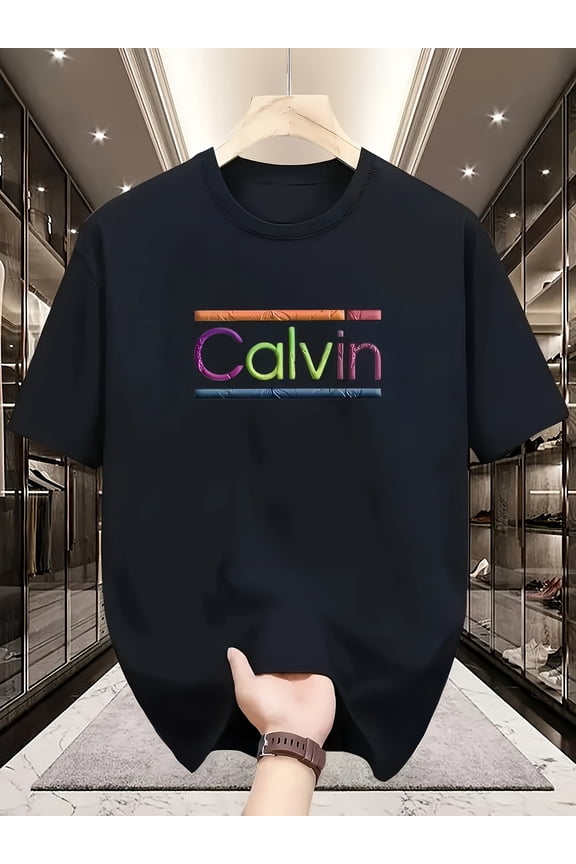 Men'S Quick-Dry Breathable T-Shirt - Casual Loose Fit Round Neck Tee with Vibrant Calvin Graphic Print, Solid Color Design, Lightweight & Comfortable for Casual Attire, Comfortable Clothing