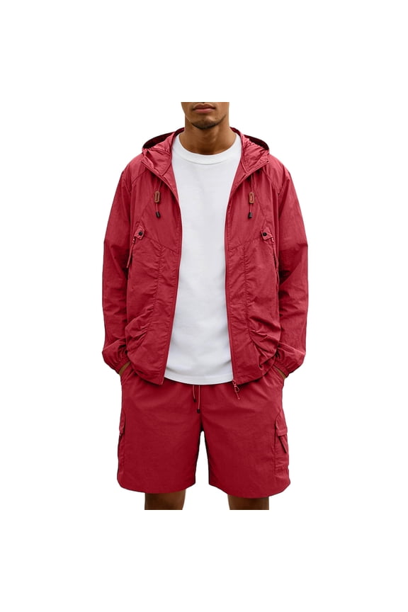 Men'S Quick Dry UPF 50+ Sun Protection Hooded Cargo Jacket And Drawstring Waist Shorts Set Lightweight Athletic Tracksuits For Outdoor Activities,Red,L