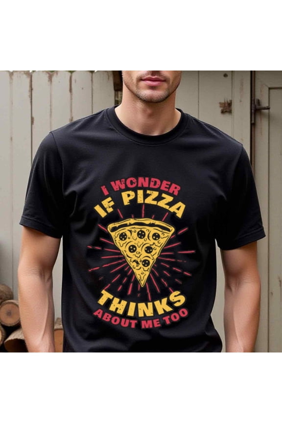 Men'S Quirky Pizza T-Shirt - I Wonder If Pizza Thinks About Me Too Graphic, 100% Cotton, Crew Neck, Short Sleeve, Regular Fit, Casual All-Season Wear, 180gsm, Ideal for Valentine'S Day, New Year's