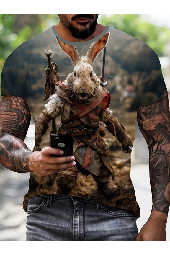 Men'S Rabbit Warrior Print T-Shirt - Casual Street Style, Knitted Fabric, Slightly Stretchy, Round Neck, Regular Fit, Machine Washable - Suitable for Wearing in for All Seasons, Plus Size