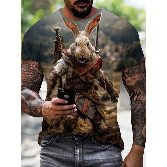 Men'S Rabbit Warrior Print T-Shirt - Casual Street Style, Knitted Fabric, Slightly Stretchy, Round Neck, Regular Fit, Machine Washable - Suitable for Wearing in for All Seasons, Plus Size