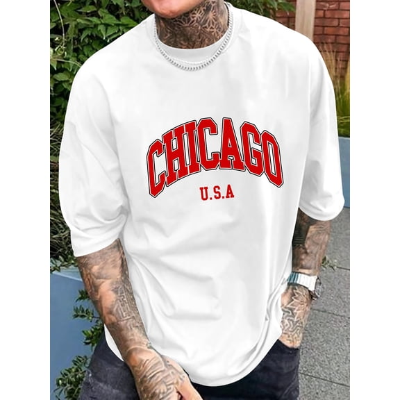 Men'S Red Chicago Graphic Tee - Stylish Chicago Design Short Sleeve T-Shirt for Casual Attire, Lightweight & Comfortable Fabric, Perfect for Spring & Fall,