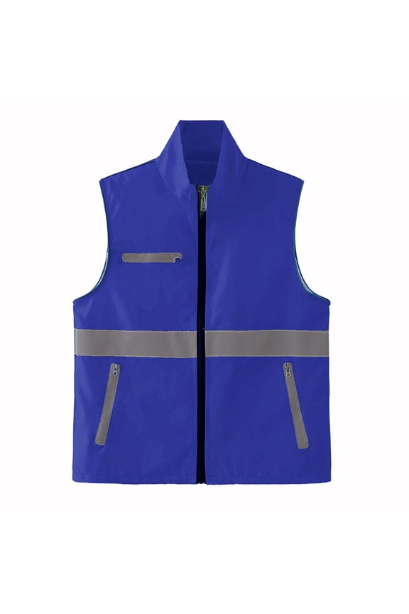 Men'S Reflective Outerwear Vests Construction Garden Night Protective Sleeveless Multi Pocketed Hatless Casual Coat Blue M