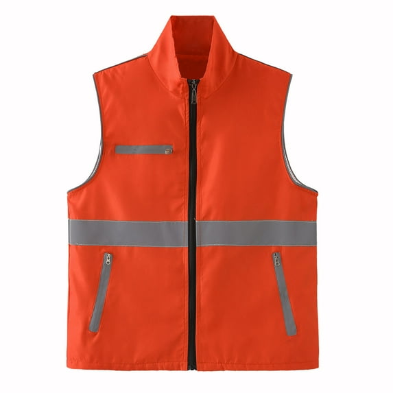 Men'S Reflective Outerwear Vests Construction Garden Night Protective Sleeveless Multi Pocketed Hatless Casual Coat Orange XXXL