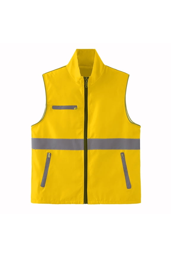 Men'S Reflective Outerwear Vests Construction Garden Night Protective Sleeveless Multi Pocketed Hatless Casual Coat Yellow XXXL