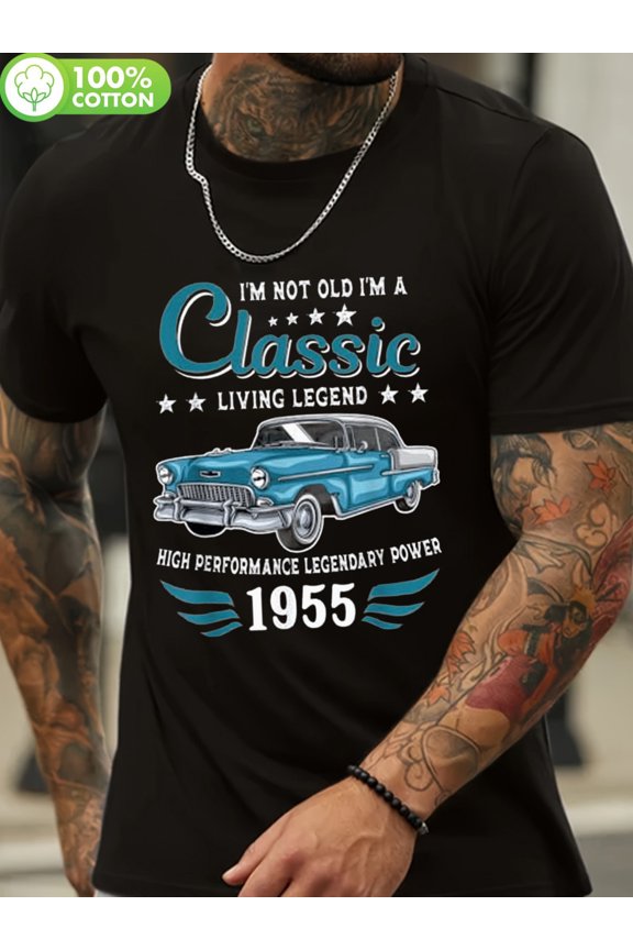 Men'S Retro 1955 Classic Automobile Graphic Tee - I'M Not Aging, I'M a Legend Design, Soft, Casual Round Neck Short Sleeve, Machine Washable, Ideal for Summer Activities & Gifts,