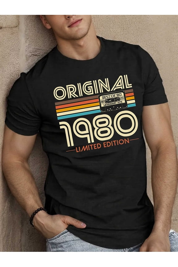 Men'S Retro 1980 Limited Edition Graphic T-Shirt - Casual Short Sleeve Summer Top with Colorful Stripes & Bold Typography, Lightweight Polyester Blend for Casual Attire, Vintage T Shirts