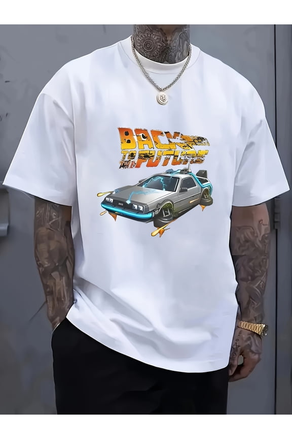 Men'S Retro "Back to the Future" Graphic T-Shirt - Black with DeLorean Car Design, Casual Crew Neck, Short Sleeve, Perfect for Spring & Summer, Casual Summer Wear | Retro Graphic Tee