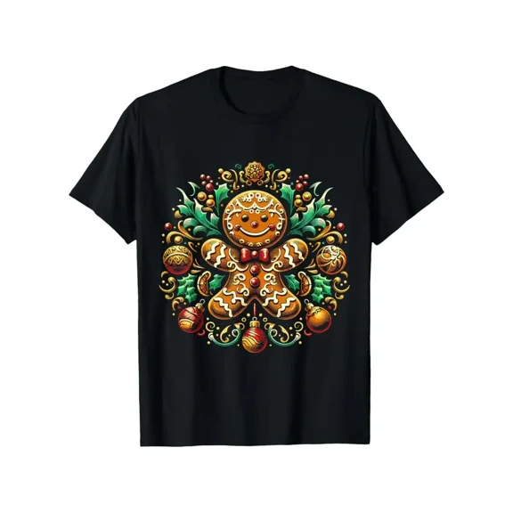 Men'S Retro Christmas Gingerbread for Man Graphic T-Shirt - Black Short Sleeve Soft Tee with Festive Holiday Design, All-Season Comfort Fit, Round Neck Casual & Training Wear