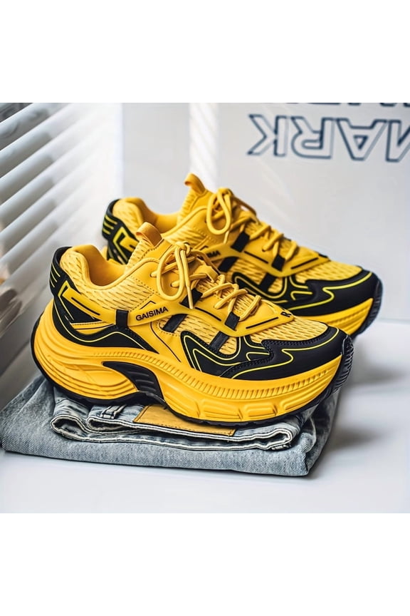 Men'S Retro Chunky Platform Sneakers with Airflow Mesh & Arch Support - All-Season Low-Top Lace-Up Shoes & Cushioned Comfort, Yellow Colorway, Arch Support Insole, Durable Synthetic Cover-like