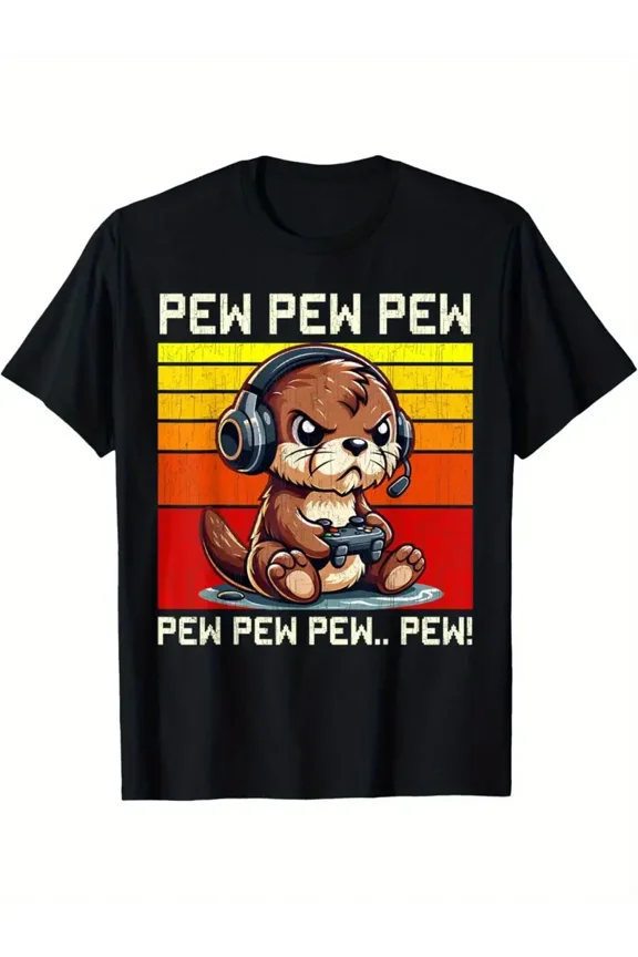 Men'S Retro Gamer Otter T-Shirt - Funny Video Game Graphic Tee with Headphones, 100% Cotton Soft Crewneck Shirt for Gaming Parties, Casual Attire - Perfect Gift for Gamers