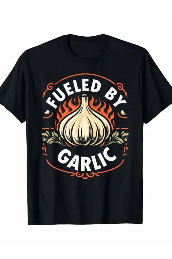 Men'S Retro Garlic and Flame Pattern T-shirt with Garlic Fuel Design, 100% Cotton, Short Sleeve