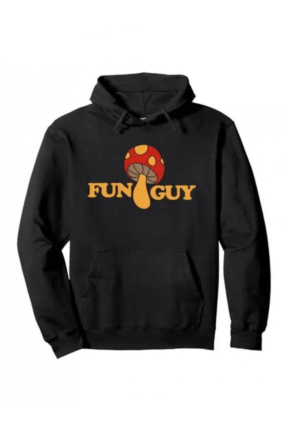 Men'S Retro Mushroom Graphic Hooded Sweatshirt - Black with Orange & Yellow Mushroom Print, Fun Guy Text, Soft Warm Pullover Hoodie for Autumn/Winter