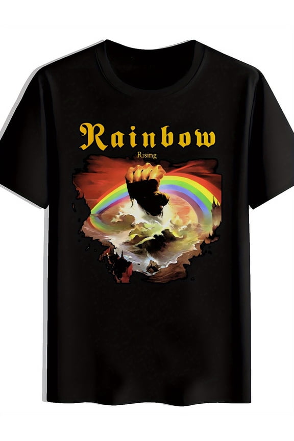 Men'S Retro Rock Band Graphic T-Shirt - "Rainbow Rising" Design with Fist & Rainbow, Black Polyester Crew Neck Short Sleeve Tee, Perfect for Summer, Travel, Beach, and Festivals, Rock T Shirt