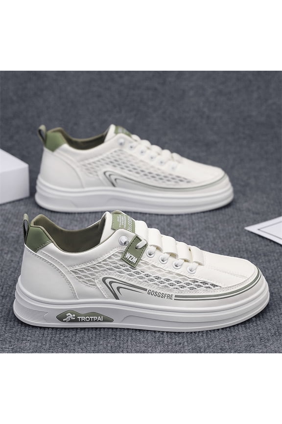 Men'S Retro Sneakers - Lightweight Breathable Mesh Upper, Lace-Up Closure - All-Season Casual Thick Platform Sole for Height & Cushioning, Gym, Everyday Shoes - White with Navy Accents -