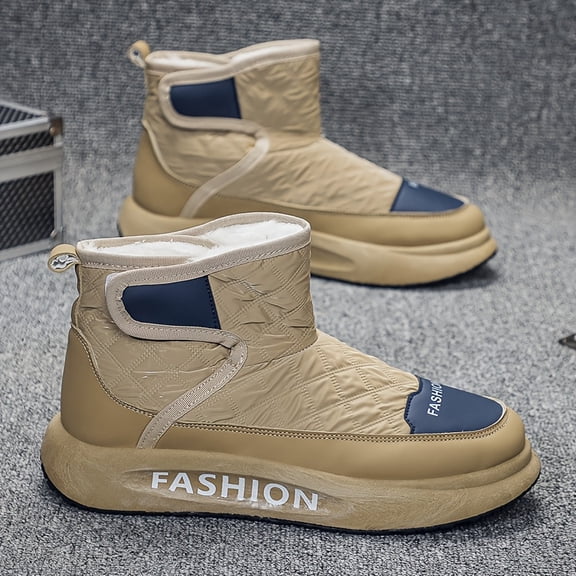 Men'S Retro Warm Fleece-Lined Winter Boots - Slip-On & Adjustable with Closure, Beige & Navy Blue, Thick PVC Sole for Snow & Cold Weather, Casual Outdoor Footwear, Winter Boots, Cold Weather Footwear