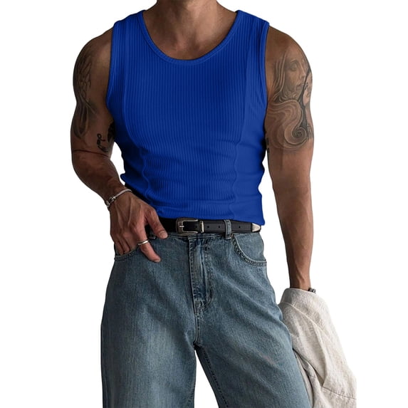 Men'S Ribbed Knit Form-Fitting Workout Wide Shoulder Tank Top Blue M