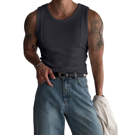 Men'S Ribbed Knit Form-Fitting Workout Wide Shoulder Tank Top Carbon Gray XXXL