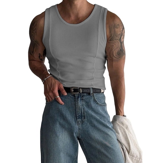 Men'S Ribbed Knit Form-Fitting Workout Wide Shoulder Tank Top Light Gray M