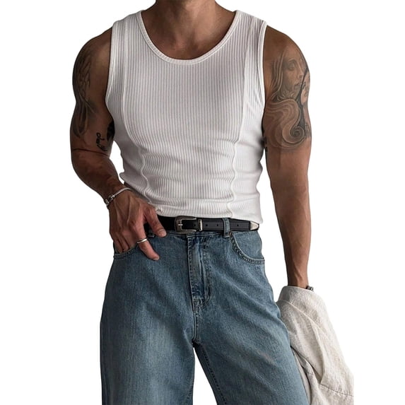 Men'S Ribbed Knit Form-Fitting Workout Wide Shoulder Tank Top White XXL