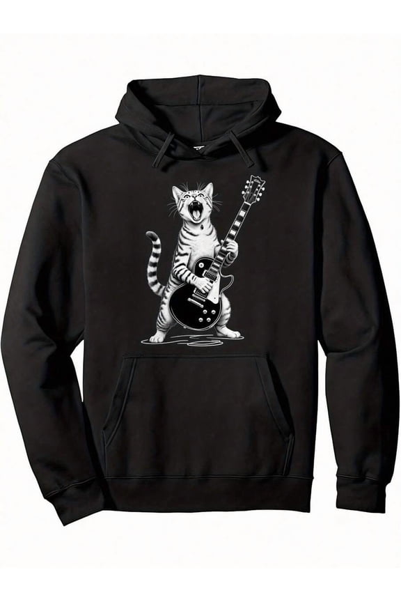 Men'S Rockstar Cat Playing Guitar Hooded Sweatshirt - Vintage Rock Music Graphic Pullover Hoodie With Black & White Cat Design, Relaxed Fit  Pocket, All-Season Casual Wear For Band Fans & Cat Lovers