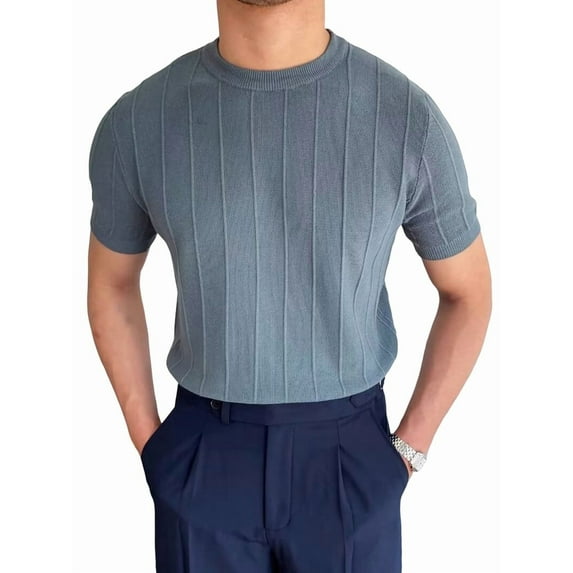 Men'S Round Neck Short Sleeve Thin Bottoming Shirt Casual Ribbed Knitted Pullover Top Solid Color T-Shirt Blue L