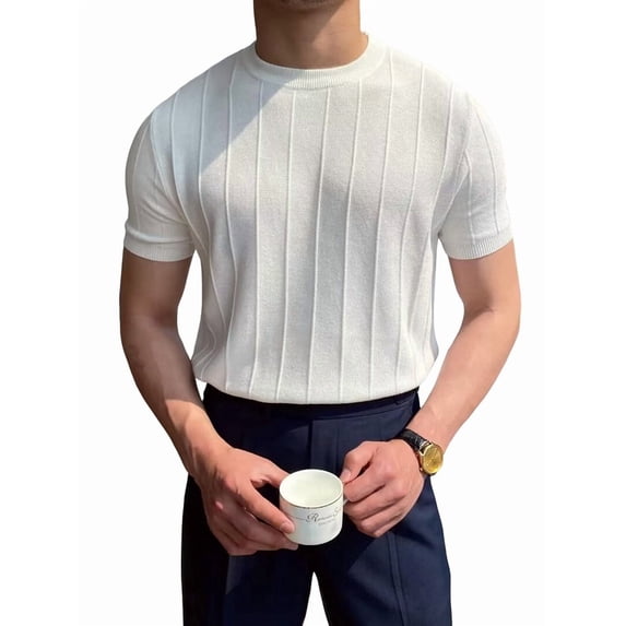 Men'S Round Neck Short Sleeve Thin Bottoming Shirt Casual Ribbed Knitted Pullover Top Solid Color T-Shirt White L