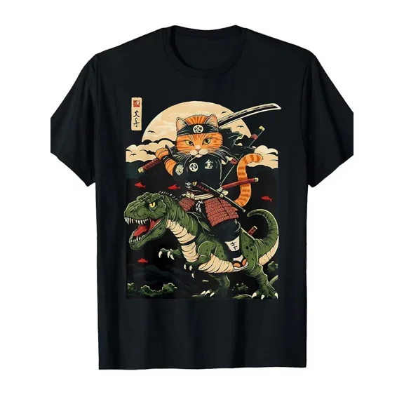 Men'S & Samurai Cat Riding T-Rex Dinosaur Anime Graphic T-Shirt - Japanese Ukiyo