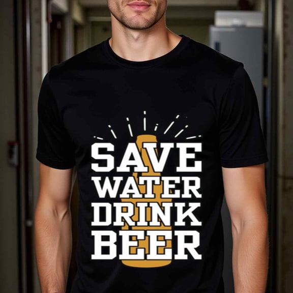 Men'S "Save Water, Drink Beer" Graphic T-Shirt - Funny Casual Crew Neck Tee with Geometric Design, 100% Cotton, All-Season Wear, Perfect for Beer Lovers & Casual Attire, Beer Shirt