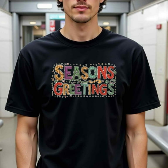 Men'S Seasons Greetings Graphic Thirt - Vibrant Holiday Design with Festive Colors, Short Sleeve, Casual Style, Perfect for Casual Attire, Holiday Apparel | Vibrant Graphic Tee | Comfortable Fit,