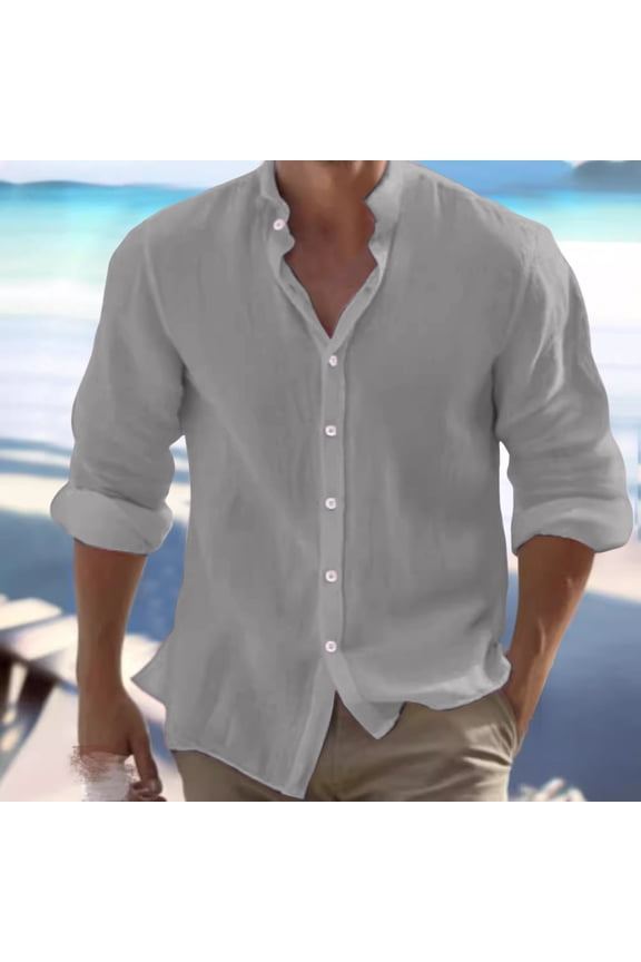 Men'S Shirts Linen Button Up Shirt For Foreign Trade Summer Beach Shirt Long Sleeved Collar Spring And Summer Casual Daily Clothing Grey L