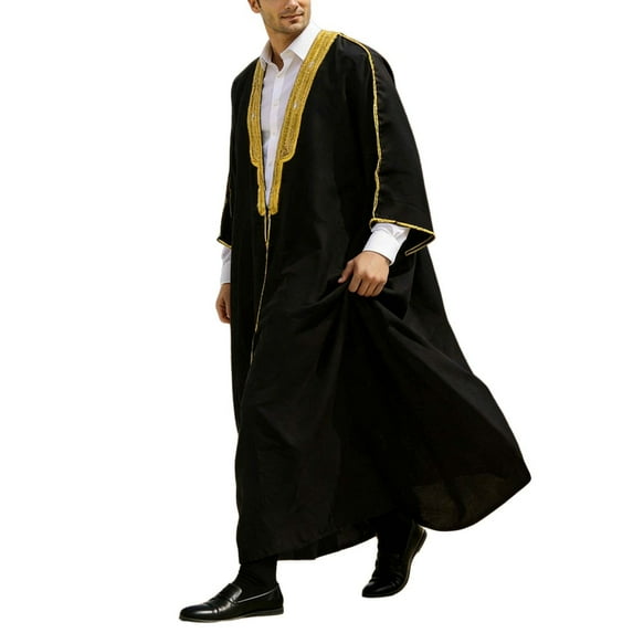 Men'S Shirts Re Order Elegant Jubba Thobe Embroidery Long Robe Graduation Mens Summer Clothing,Black,XL