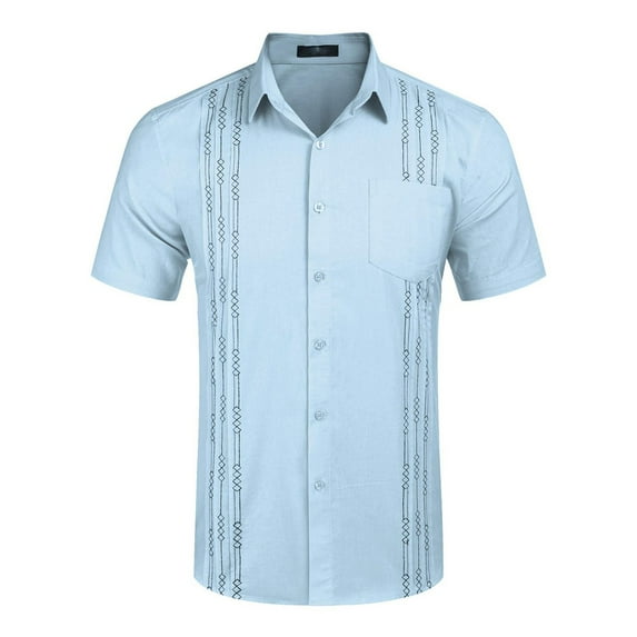 Men'S Shirts Short Sleeve Linen Shirt Cuban Beach Tops Pocket Guayabera Shirts Light Blue Handsome Daily Wearing For Men M