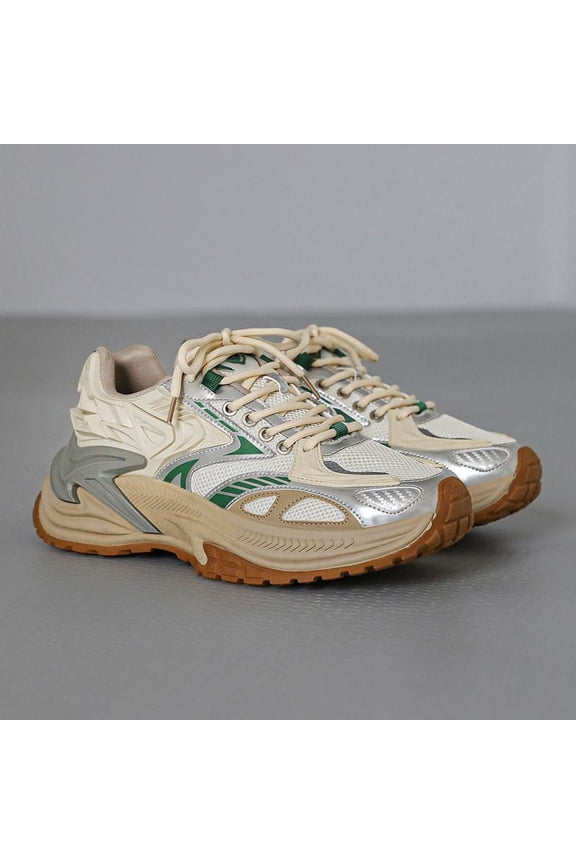 Men'S Shoes Designed for All Seasons, Featuring a Vintage Off-Green Color Block Style, Thick Soles for Added Height, a Breathable Black Mesh Upper, And a Slip-Resistant Sole, Perfect for Everyday Out