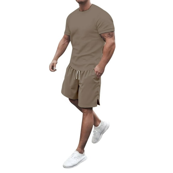 Men'S Short Sets 2 Piece Outfits Short Sleeve Crewneck Summer T Shirt And Casual Track Shorts Set Khaki S