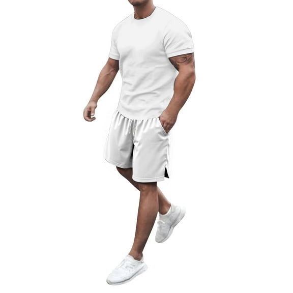 Men'S Short Sets 2 Piece Outfits Short Sleeve Crewneck Summer T Shirt And Casual Track Shorts Set White S