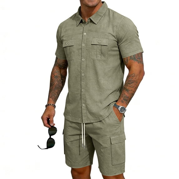 Men'S Short Sleeve Solid Color Workwear Button Down Shirt With Multiple Pockets And Cargo Shorts Set For Summer Casual Wear,Army Green,L