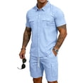 thumbnail image 1 of Men'S Short Sleeve Solid Color Workwear Button Down Shirt With Multiple Pockets And Cargo Shorts Set For Summer Casual Wear,Light Blue,M, 1 of 6